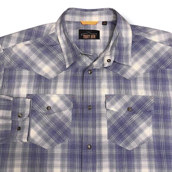 Orvis Trout Bum Shirt Mens XL Blue Plaid Pearl Snap - Picture 1 of 9